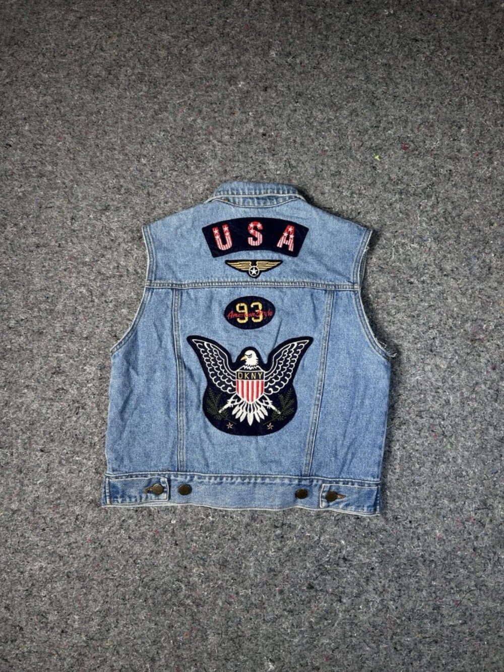 DKNY Jeans Vintage  90s Denim Vest USA Eagle Patches Biker Moto Blue Size L